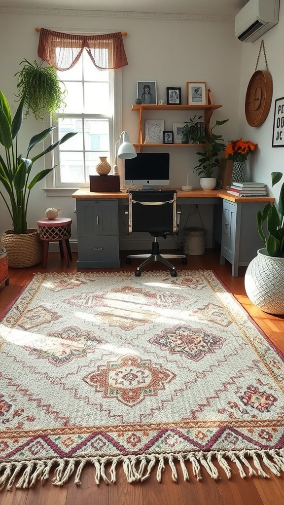 Woven area rug in a boho office setting with desk and plants