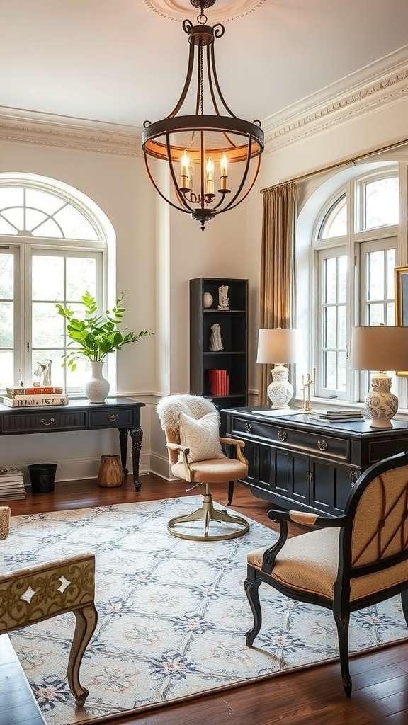 A stylish home office featuring wrought iron light fixtures and elegant furniture.
