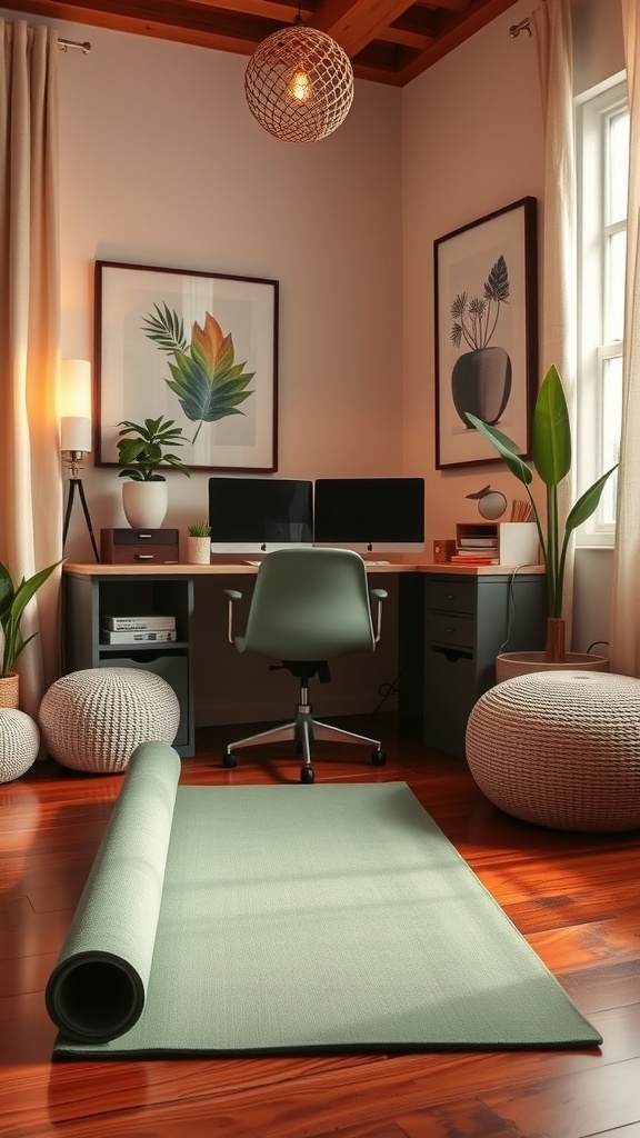 A cozy home office with a yoga mat rolled out on the floor, surrounded by plants and soft lighting.