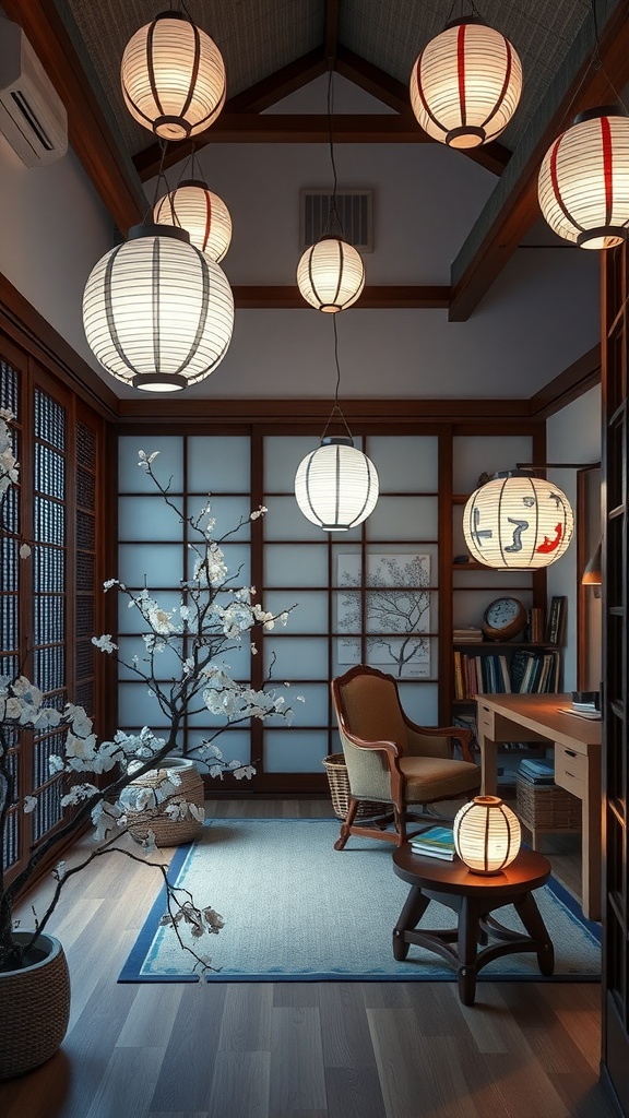 A cozy home office featuring Yukimi lanterns and traditional Japanese decor.