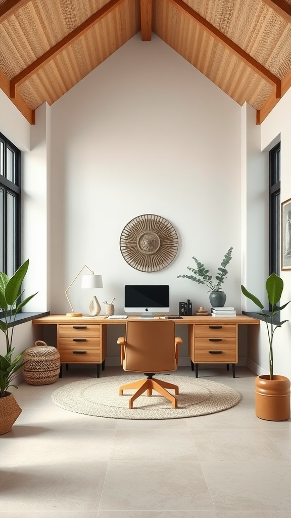 Zen-inspired home office with wooden beams, natural plants, and a minimalist layout.