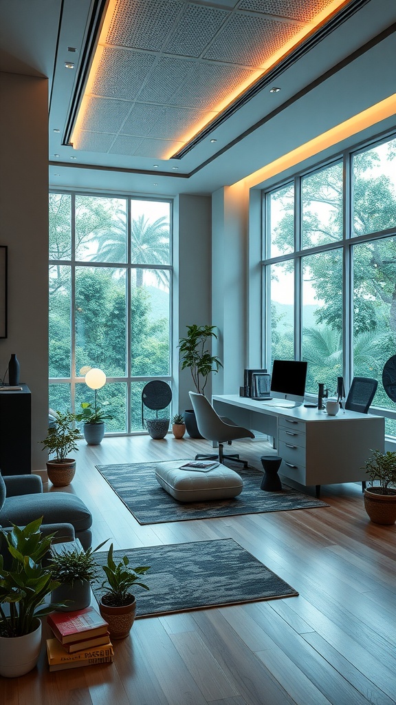 A zen-inspired home office with large windows, plants, and modern furniture.