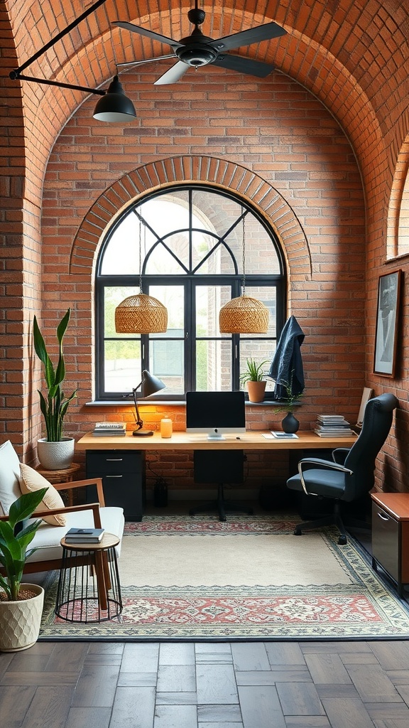 A cozy zen brick office space featuring a warm brick wall, large windows, and a wooden desk with modern office equipment.