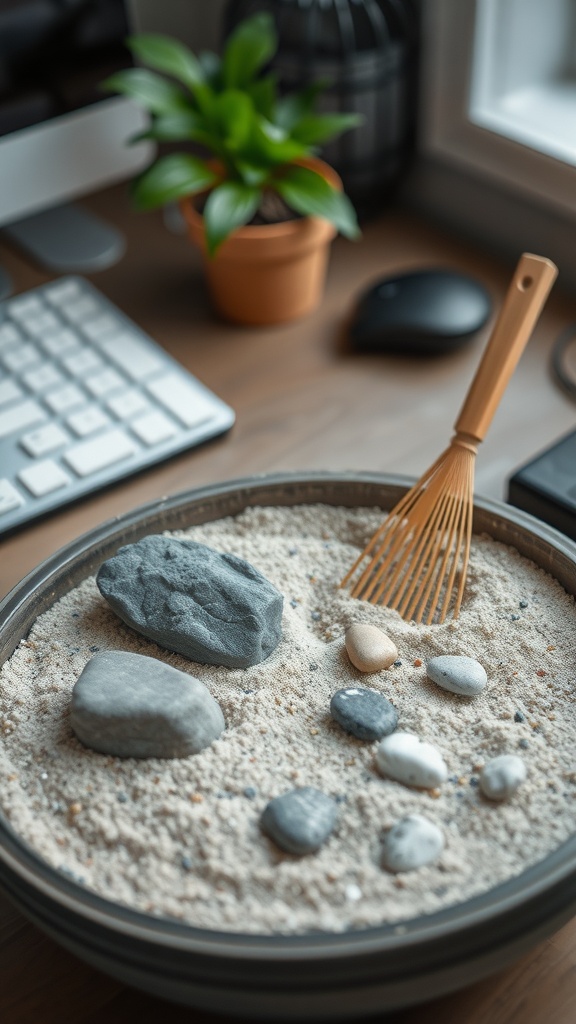 A zen garden on a desk with sand, rocks, and plants, creating a relaxing corner for work from home.