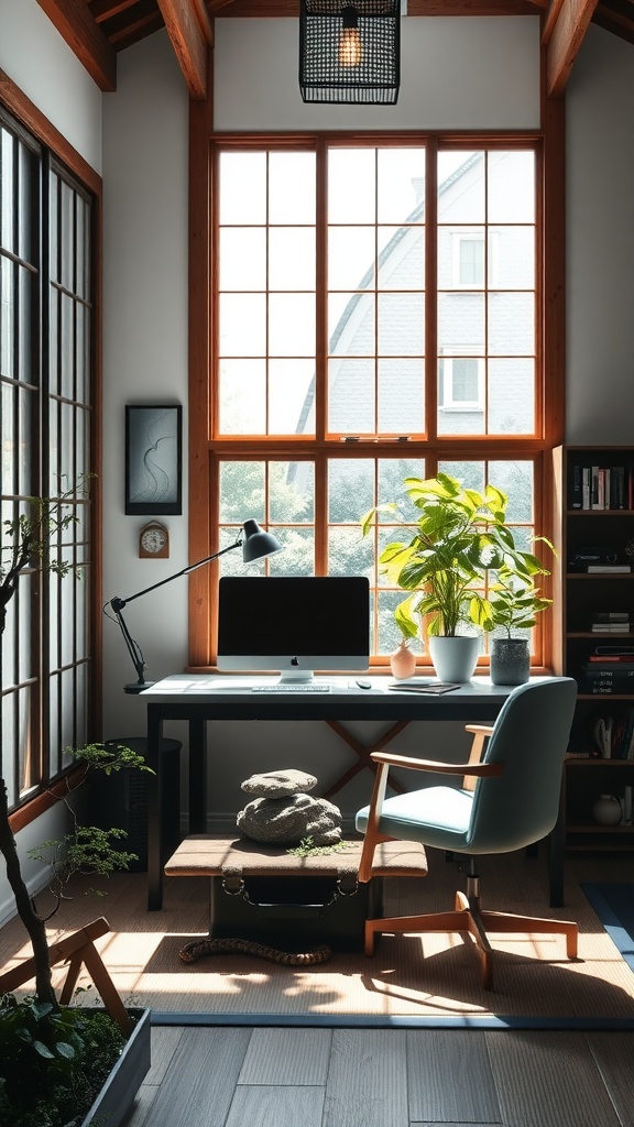 A bright home office with large windows, a desk, a zen garden, and plants, showcasing Japanese architecture.