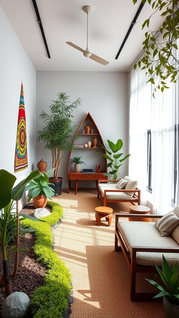 A serene Zen garden workspace featuring plants, wooden furniture, and natural light.