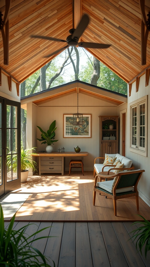 A serene Zen meditation space in a summer house with natural light, wooden elements, and plants.