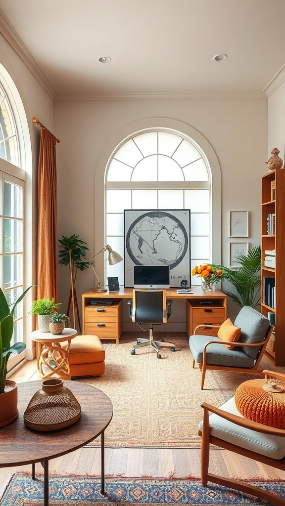 A serene home office with large windows, plants, and warm-toned furniture, showcasing a Zen-inspired design.