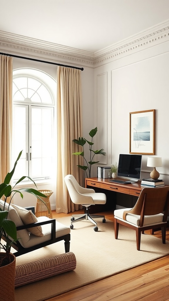 A serene home office with modern classical architecture, featuring a large window, wooden desk, and comfortable seating.