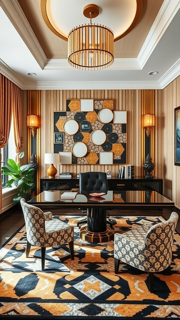 A stylish home office featuring Art Deco design with geometric wallpaper, dark wood furniture, and gold accents.