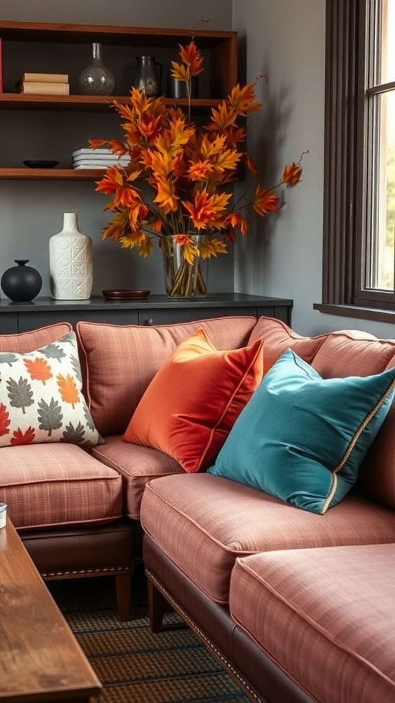 A cozy couch with colorful cushions in warm autumn shades, surrounded by decorative elements for fall.