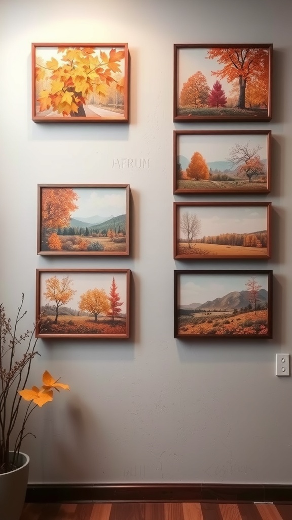 A collection of autumn-themed wall art featuring vibrant fall landscapes in wooden frames.