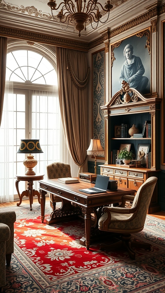 A luxurious home office featuring Baroque architecture with ornate details, a wooden desk, and rich decor.