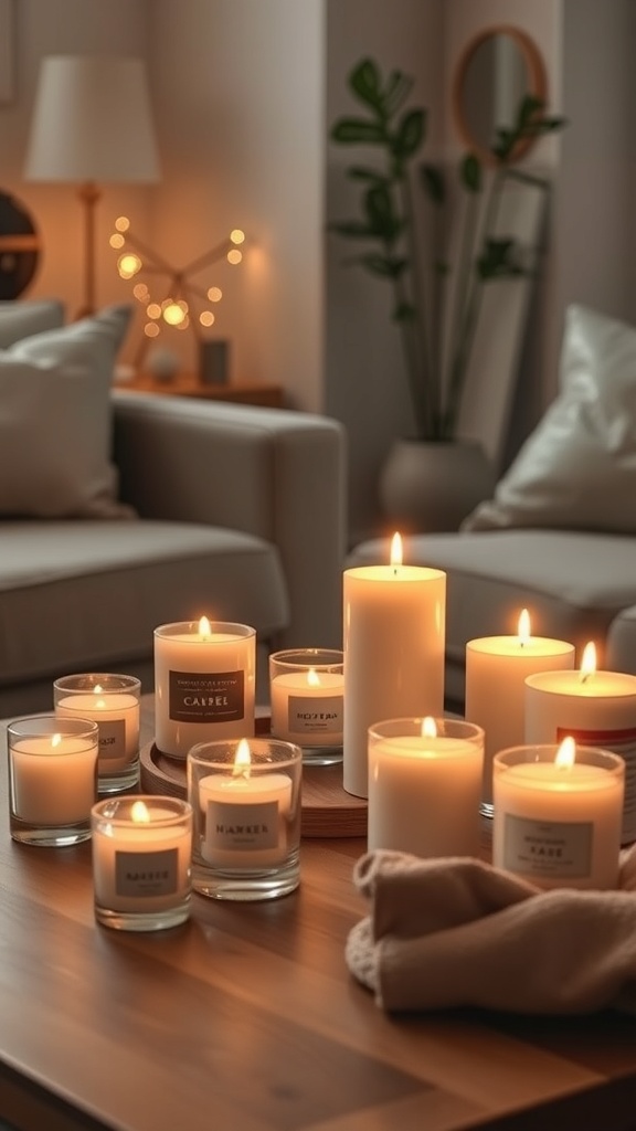A collection of candles on a wooden table, creating a warm and inviting atmosphere in a cozy home setting.