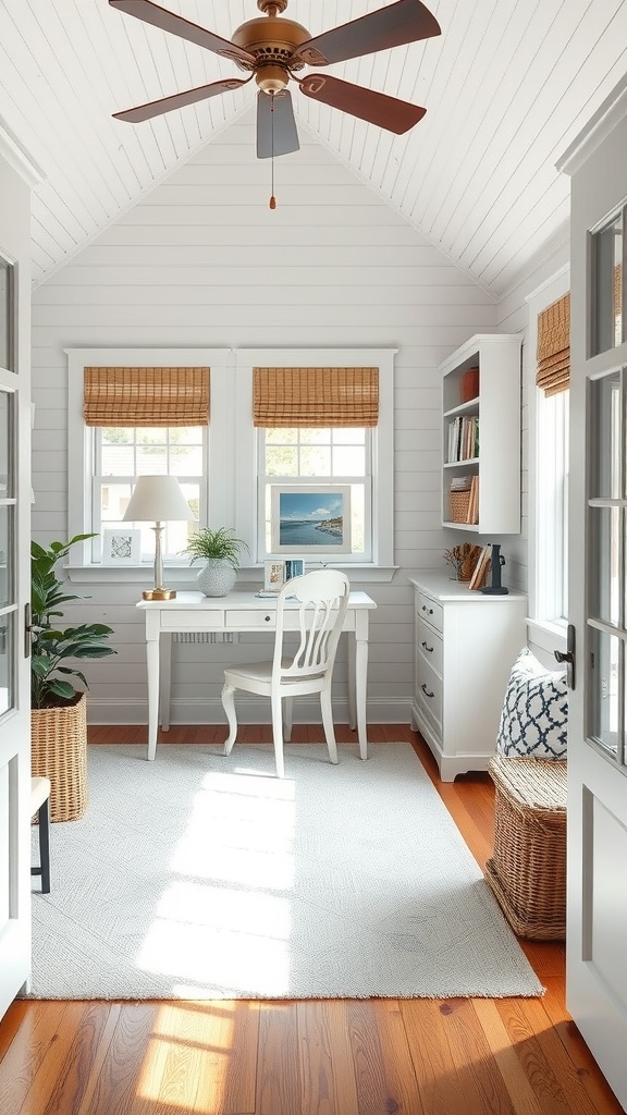 A cozy home office setup featuring a round white table, orange chairs, and decorative elements on the walls.