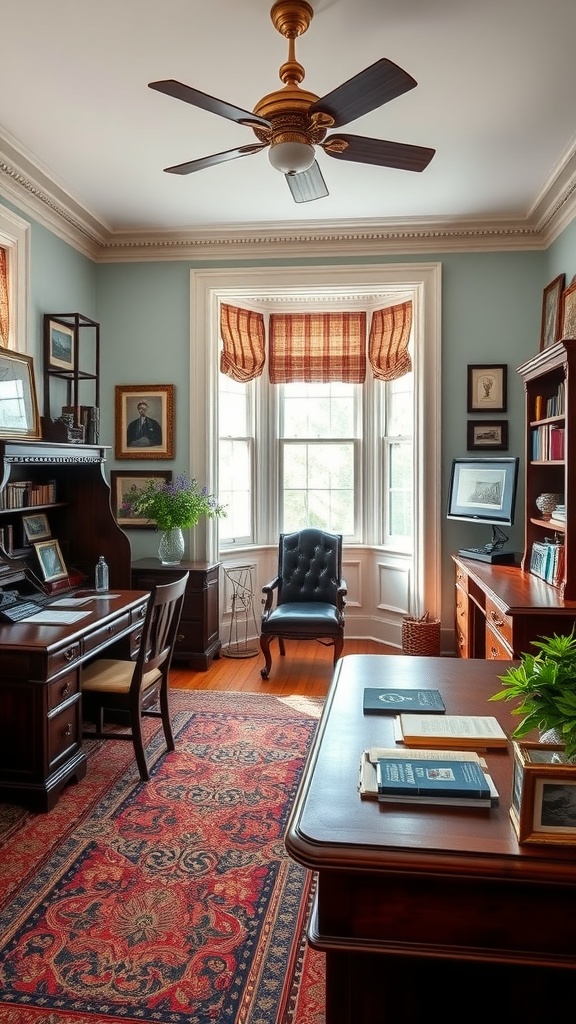 A cozy home office with colonial architecture elements, featuring wooden furniture, large windows, and a traditional rug.