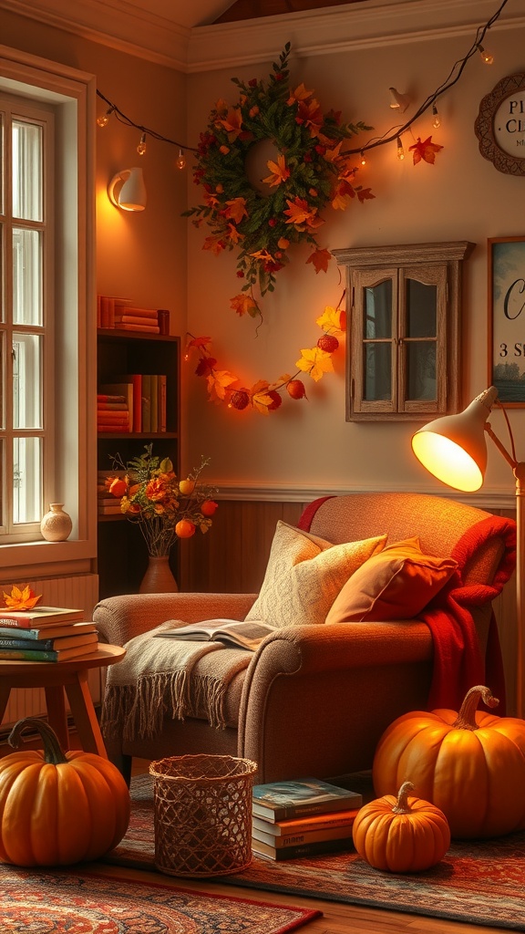 Cozy reading nook with warm lighting, pumpkins, and autumn decor