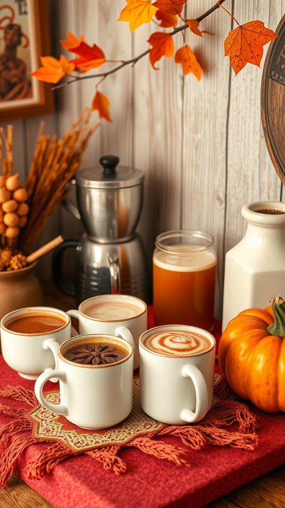 A cozy beverage station with mugs, a pumpkin, and autumn leaves, perfect for fall decor.