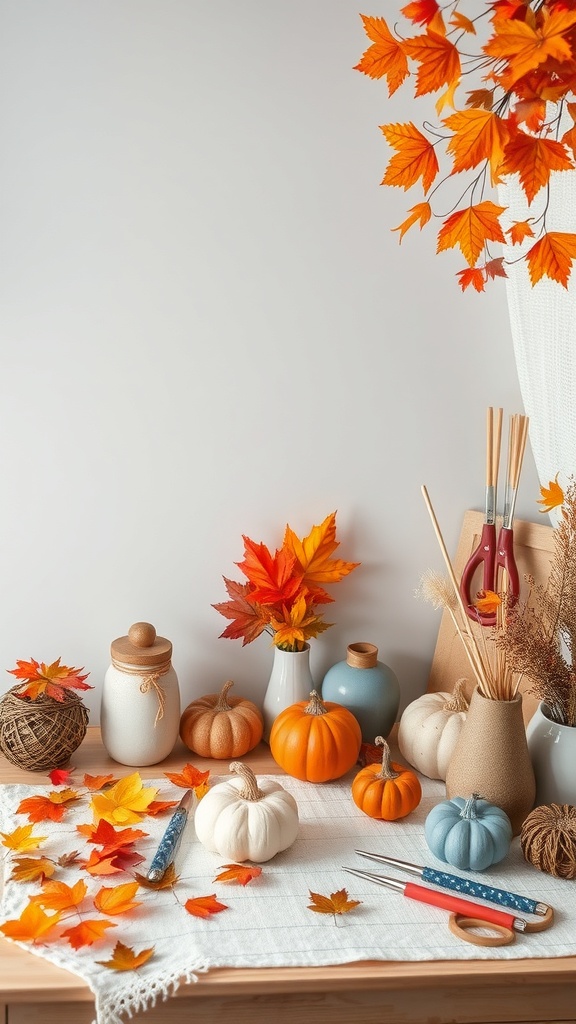 A cozy workspace decorated with pumpkins, autumn leaves, and crafting tools, perfect for DIY autumn decor.