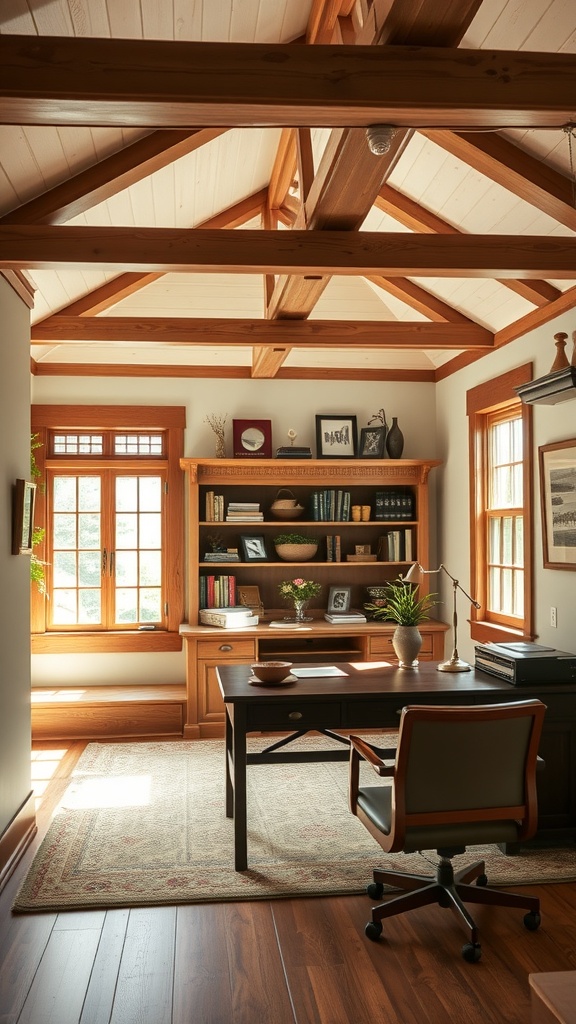 A cozy Craftsman-style home office featuring wooden beams, a desk, and a bookshelf.
