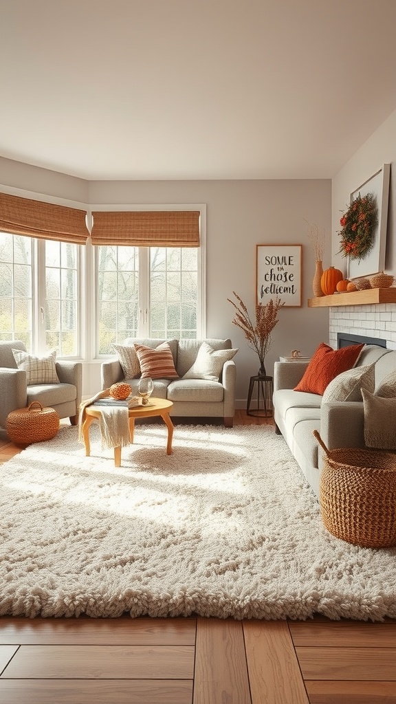 Cozy living room with a plush rug, sofa, and plants, creating a warm atmosphere.