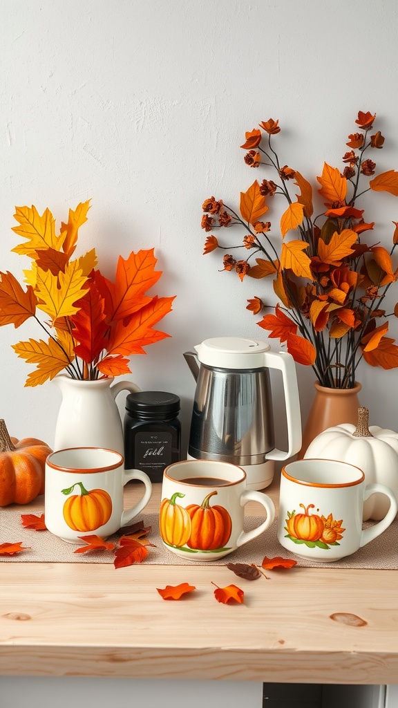 Cozy coffee station with pumpkin mugs, autumn leaves, and a coffee maker