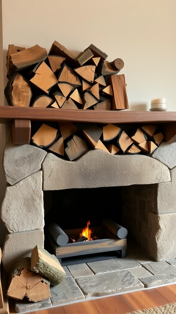 A cozy hearth with neatly stacked firewood, showcasing a warm autumn aesthetic.