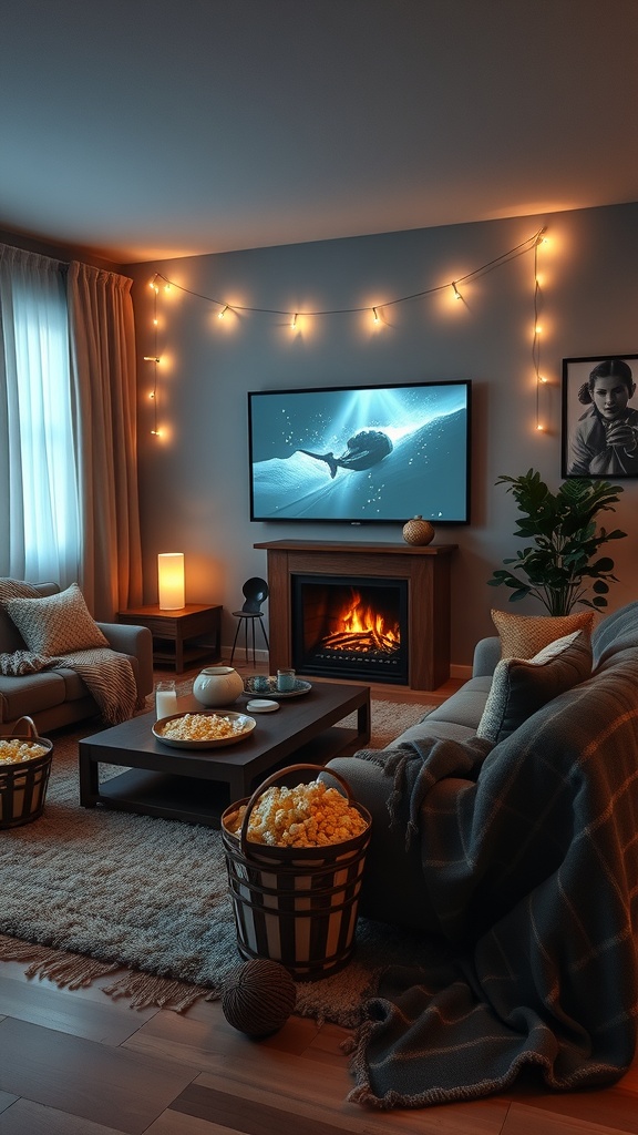Cozy movie night setup with popcorn, warm lighting, and a comfortable sofa.
