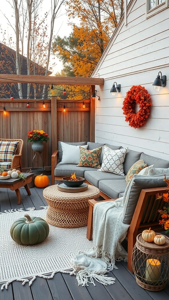 Cozy outdoor lounge with warm colors, plush cushions, and autumn leaves.