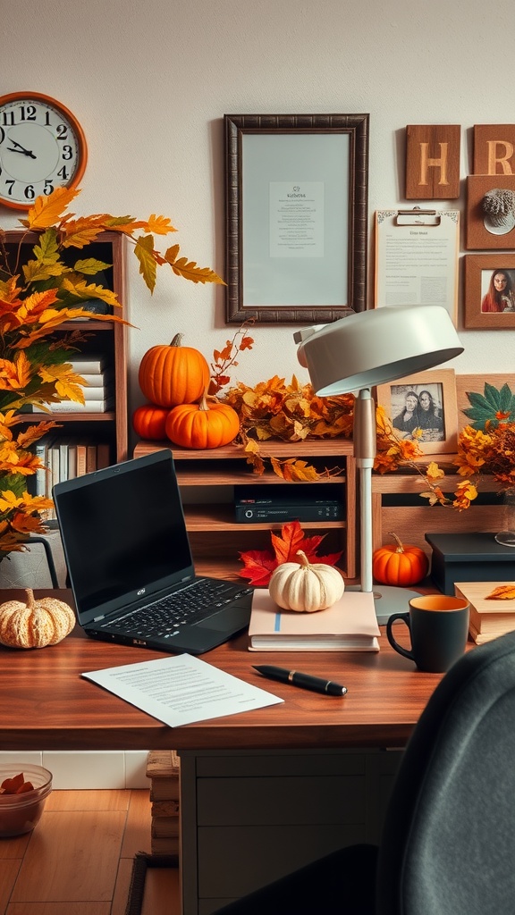 Cozy home office decorated for fall with pumpkins and autumn leaves