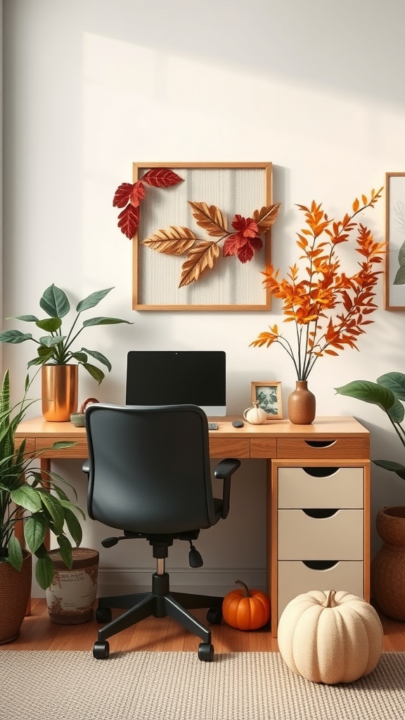 A cozy home office decorated with plants and autumn-themed decor, including pumpkins and a bright window.