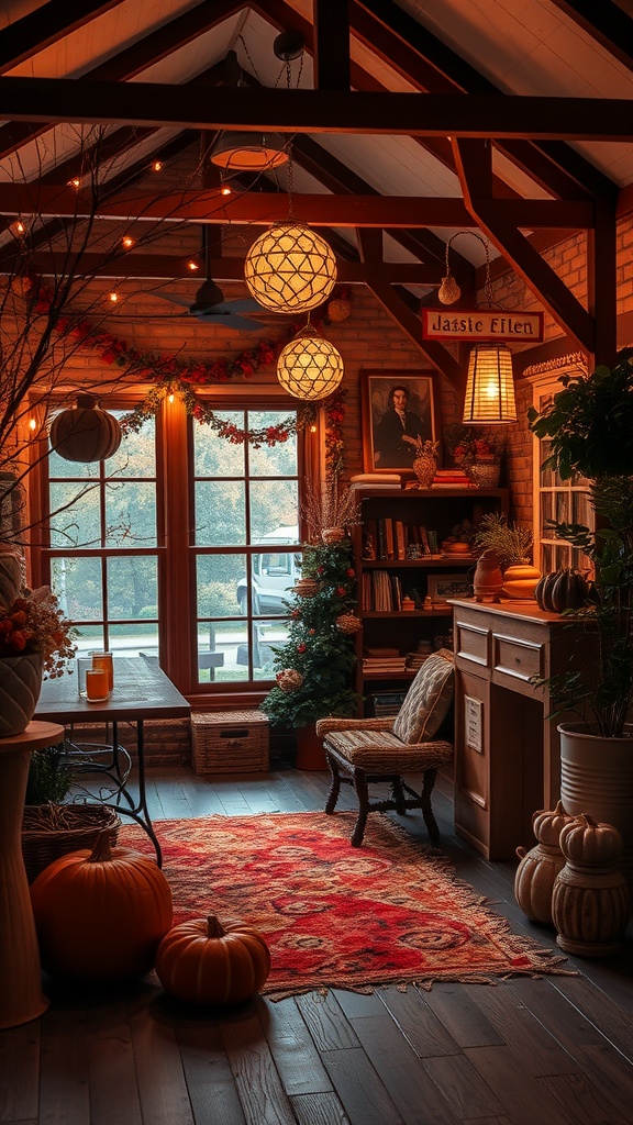 Cozy home office decorated for autumn with pumpkins, warm lighting, and vintage decor.