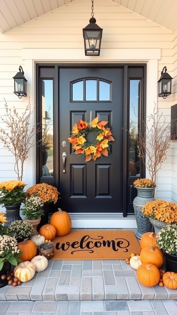 A cozy fall entryway with a welcome mat, pumpkins, and autumn decorations.