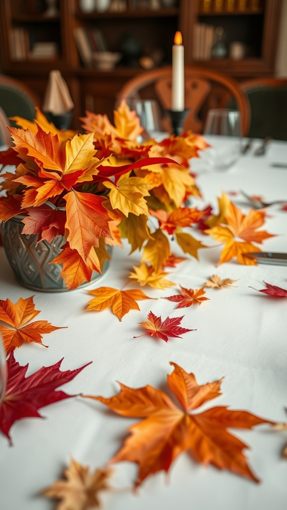 A table decorated with autumn leaves in vibrant colors, featuring a candle and a cozy atmosphere.