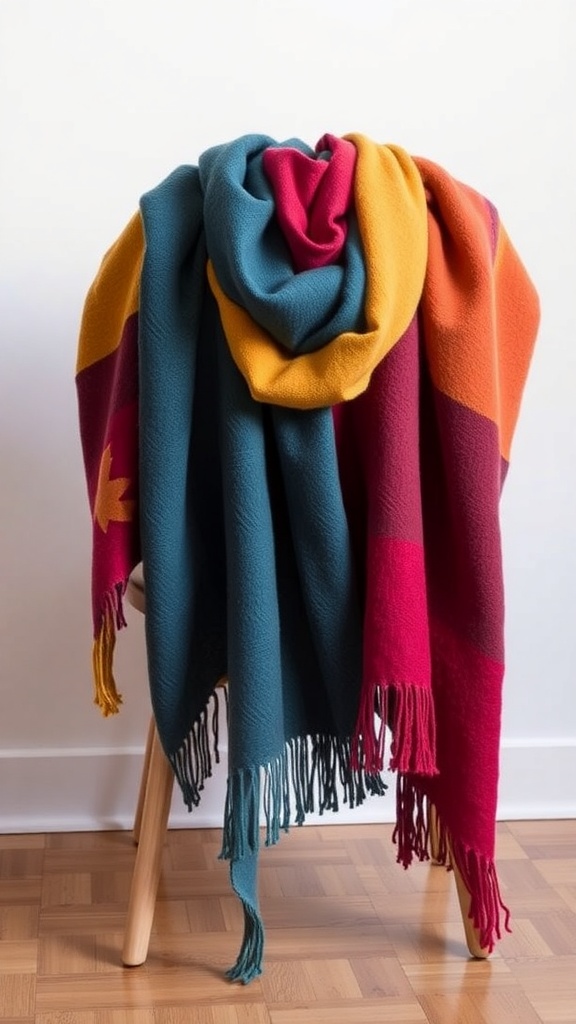 Colorful scarves draped over a chair, showcasing warm hues for autumn decor.