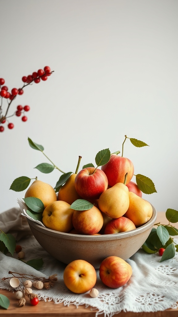 A bowl filled with apples and pears surrounded by leaves and red berries, showcasing a cozy fall aesthetic.