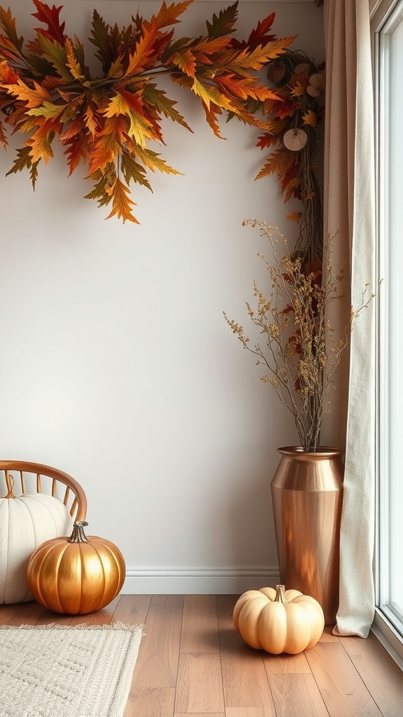 A cozy corner decorated with warm metallic accents, featuring golden pumpkins and a copper vase with fall leaves.