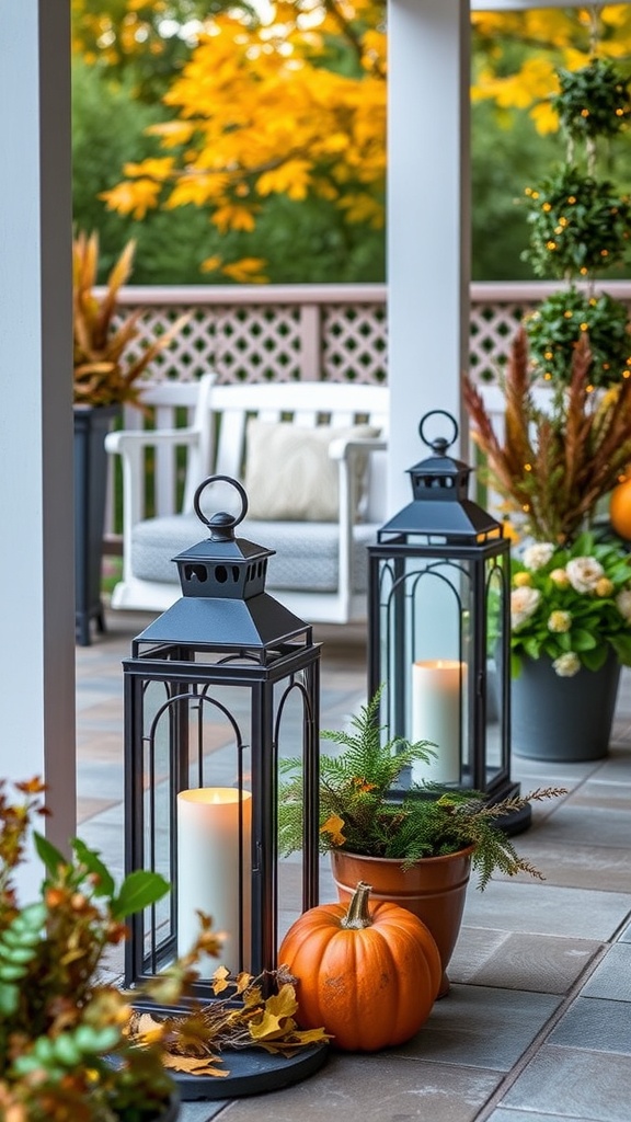 Decorative lanterns on a porch surrounded by autumn leaves and seasonal decor.