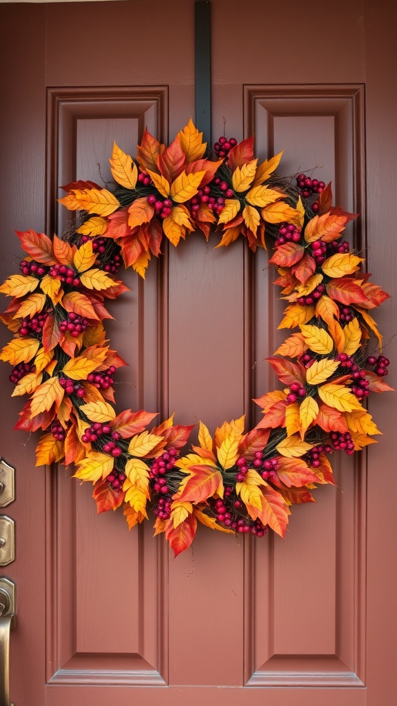 A decorative autumn wreath with orange and yellow leaves and red berries hanging on a brown door.