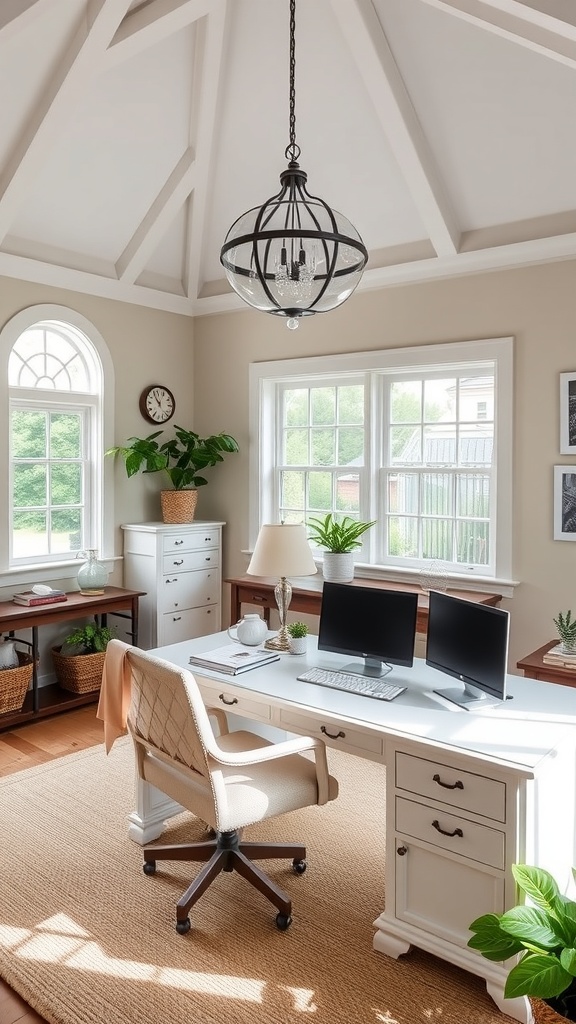 Cozy home office with Dutch Colonial architecture elements, featuring sloped ceilings and wooden furniture.