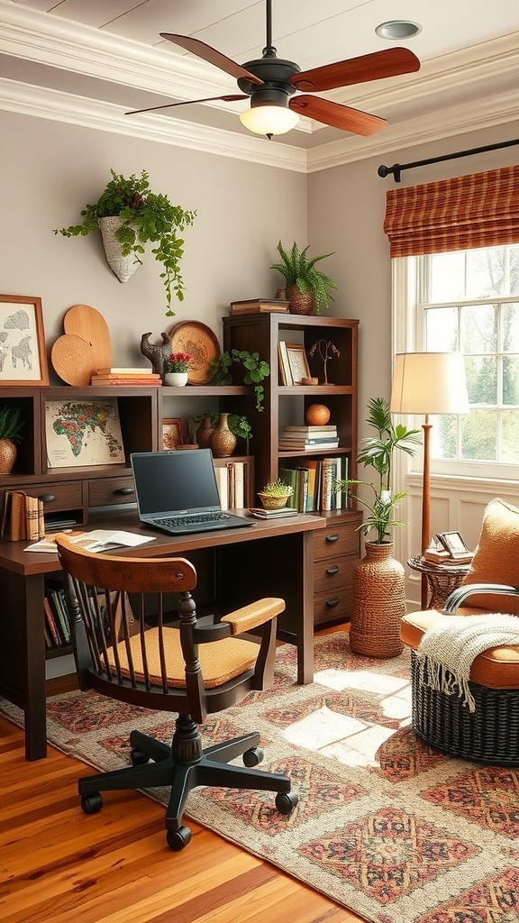 Cozy home office with earthy tones, wooden desk, plants, and warm decor.