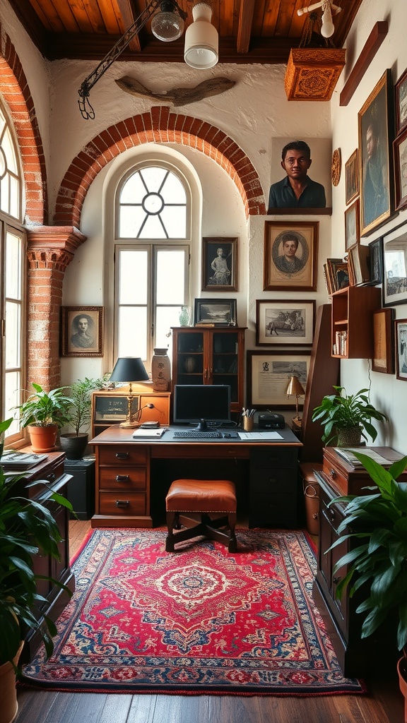 A cozy home office featuring vintage decor, brick arches, and a wooden desk surrounded by plants.