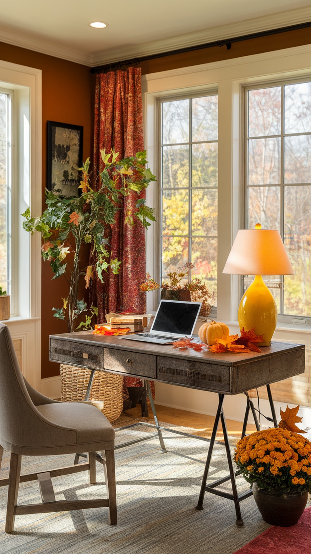 A cozy fall-themed home office with a wooden desk, laptop, pumpkin, and colorful decorations.