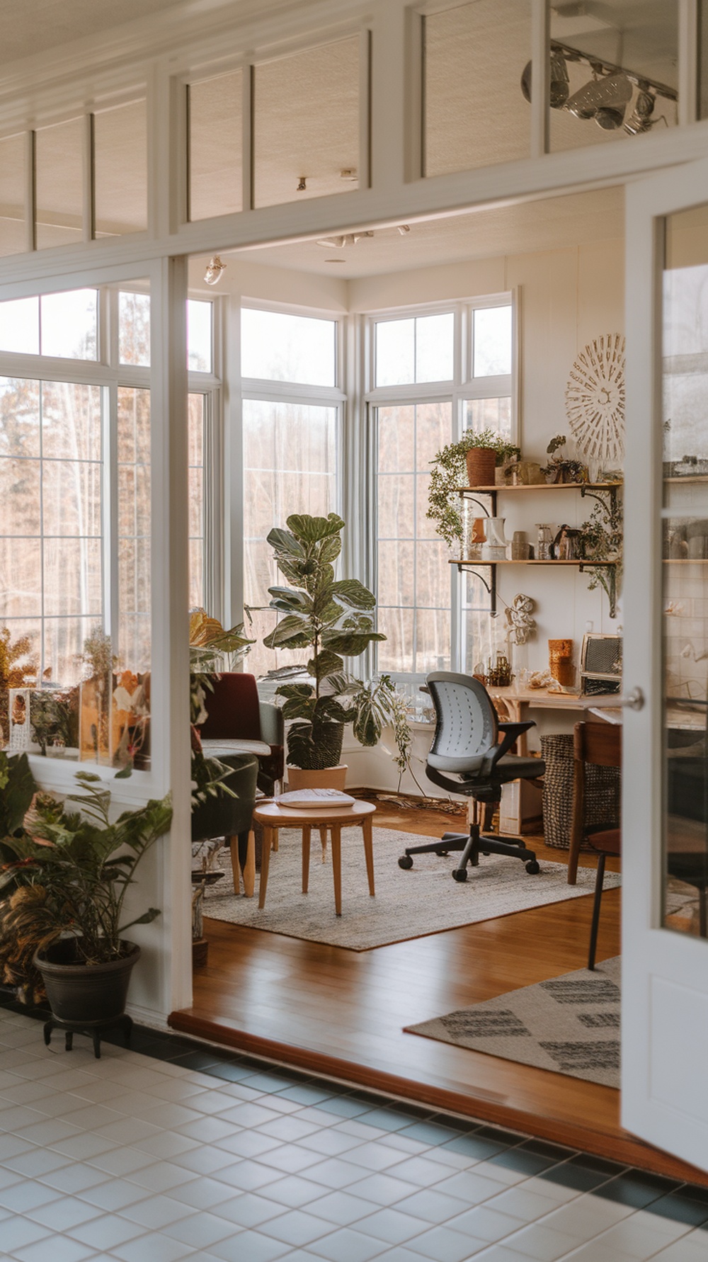A bright four season room with plants, a desk, and cozy seating