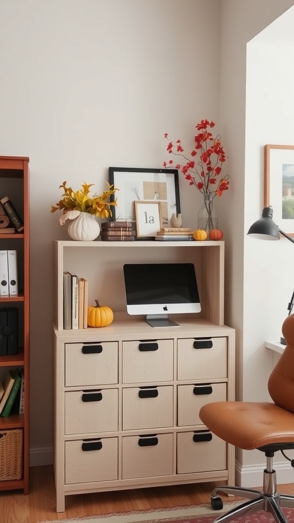A cozy home office with stylish storage solutions, featuring a light wood storage unit, decorative autumn elements, and a warm color palette.