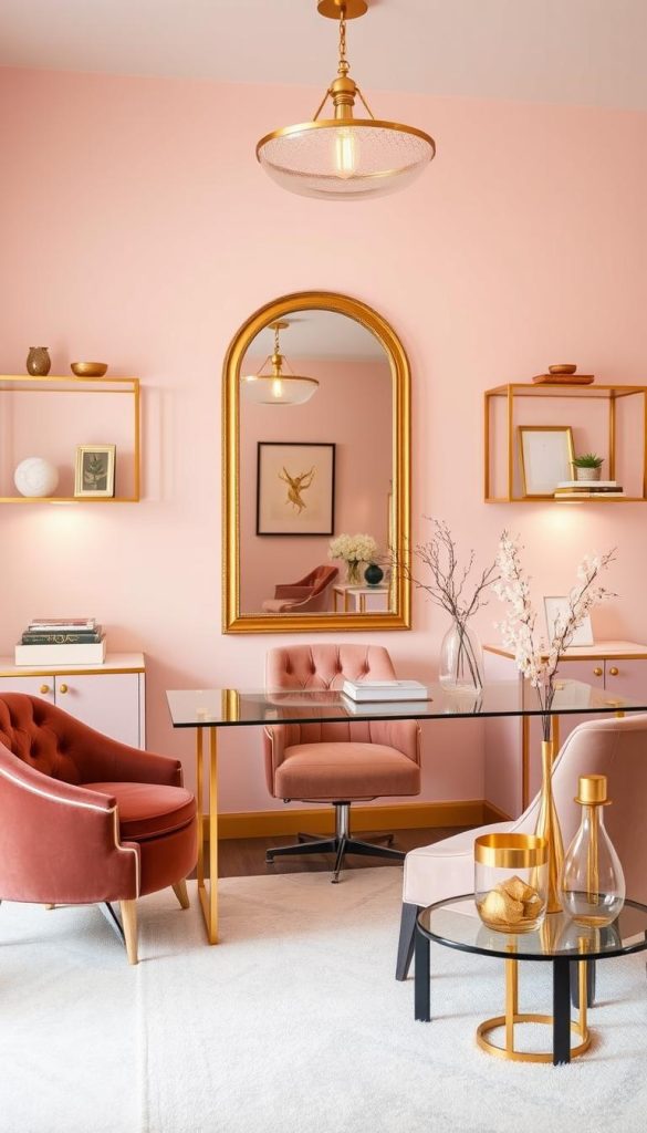 glam gold and blush office decor