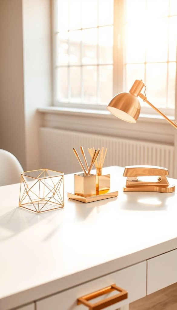 gold and white desk accessories
