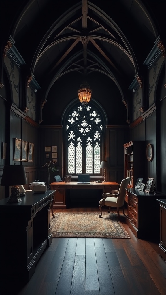 A Gothic Revival styled home office with dark wood paneling, a stained glass window, and elegant furniture.