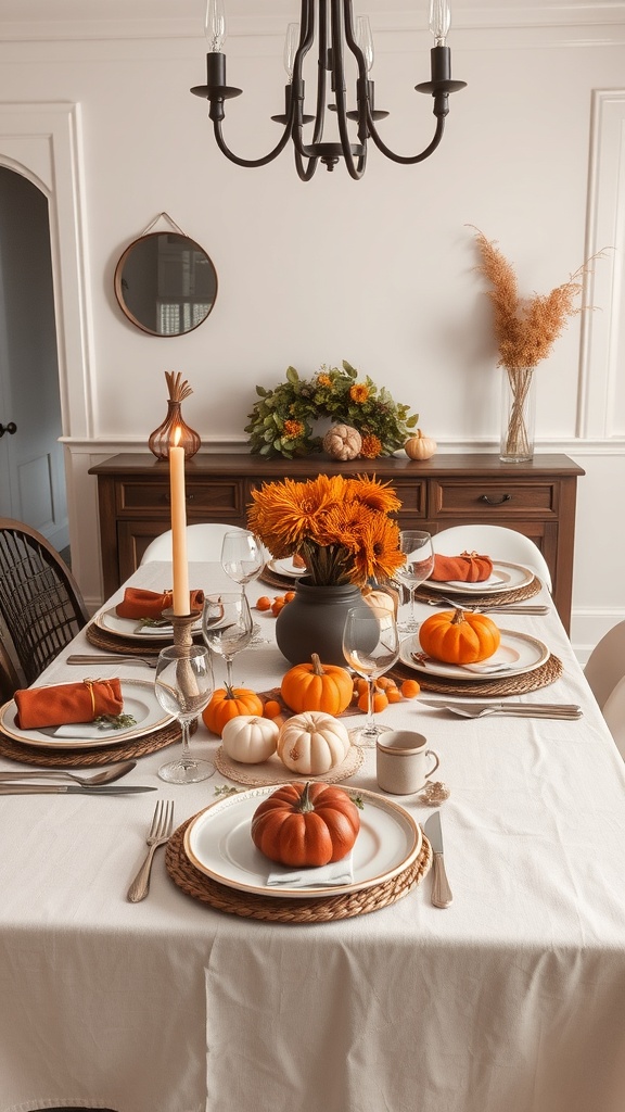 A harvest-inspired table setting with pumpkins, sunflowers, and elegant tableware.