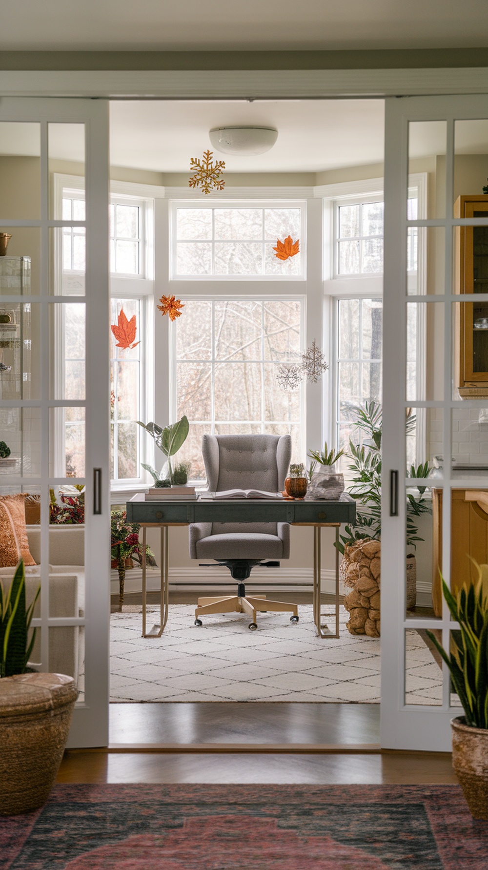 A cozy home office with seasonal decorations, featuring a desk, chair, and plants.